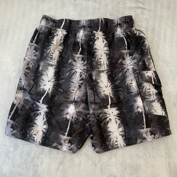 Docker's Mesh Lined Swim Shorts Grayscale Palm Tree Print Thigh Pocket Sz Large - Picture 5 of 7